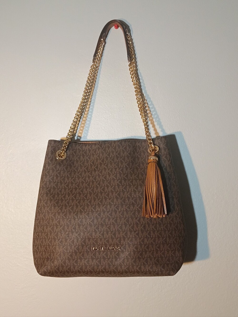 Michael Kors Brown Logo Shoulder Bag with Tassel No Outlet